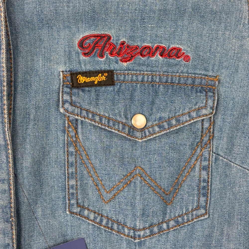Wrangler Retro Premium Arizona Wildcats Denim Western Snap Shirt Dress Blue L - Picture 8 of 10